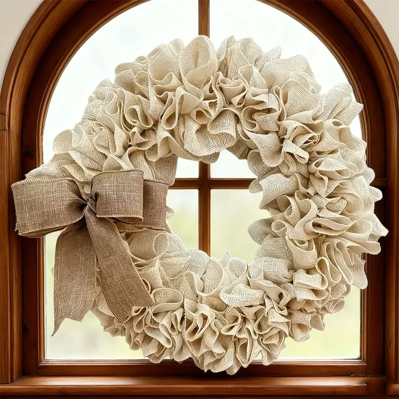 French Style Burlap Christmas Wreath With Lace Bow Decoration Linen Garland For Home Festive Party Scene Layout Hanging Props