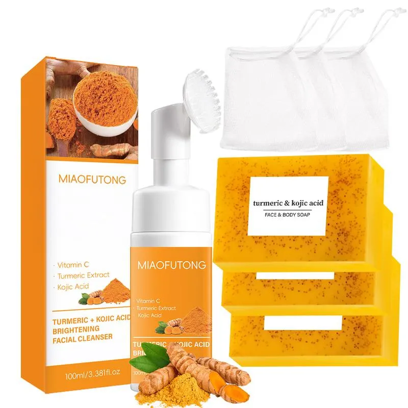 Turmeric Kojic Acid Brightening Skincare Set Body Facial Cleanser Essential Oil Handmade Soap For Natural Skin Care Cleaning Moisturizing