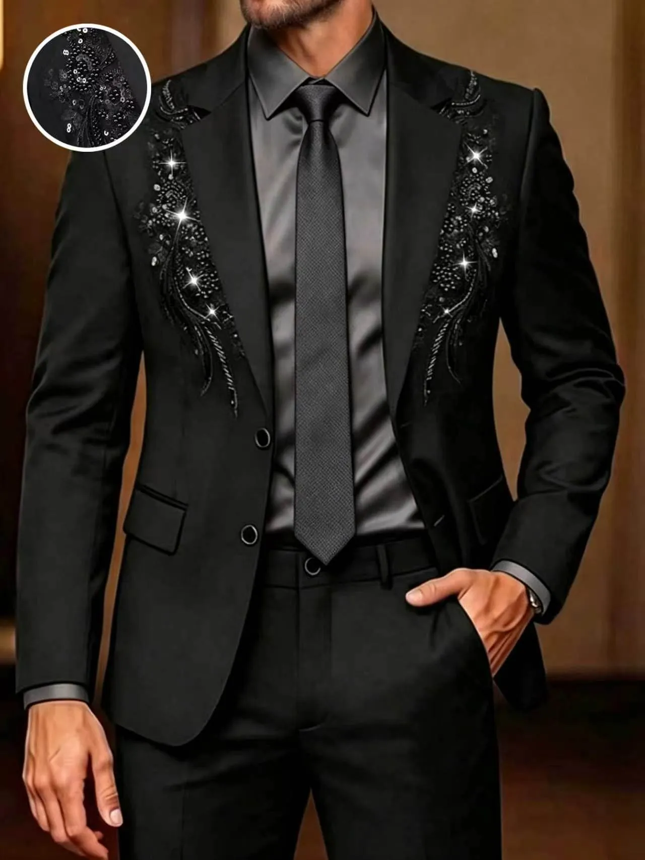 Giacca da Completo e Pantaloni da Uomo Ricamati con Paillettes Top And Bottom Slim Fit Smoking per Banchetto Matrimonio Festa Abbigliamento Formale Uomo