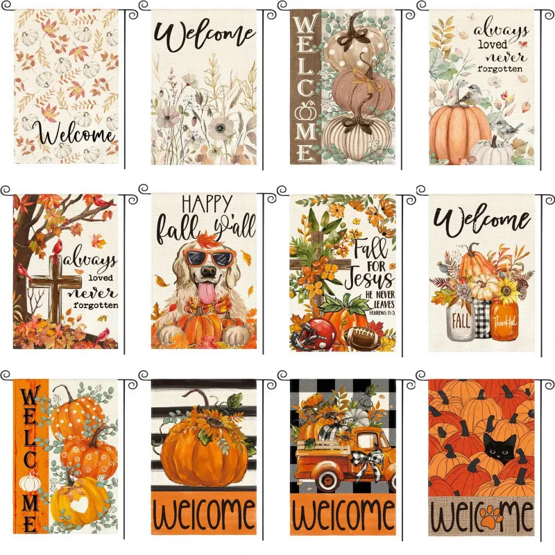 Double Sided Autumn Harvest Garden Flag Linen Pumpkin Maple Leaf Outdoor Yard Decor Thanksgiving Vertical Banner Garden Decoration