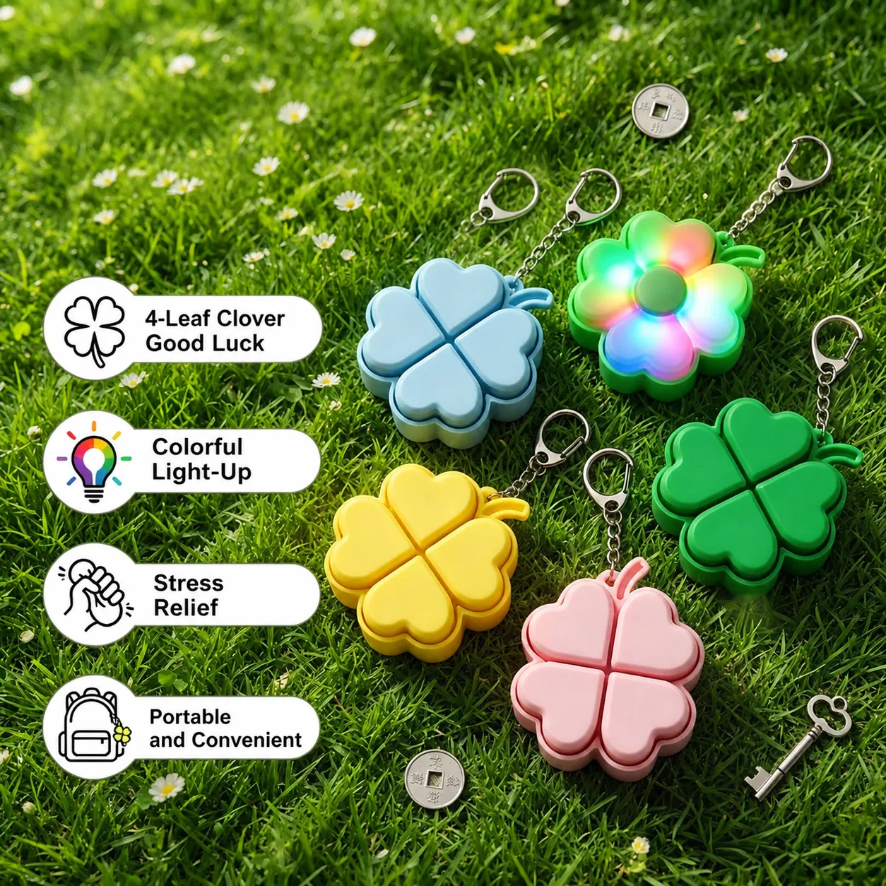 Four-leaf Clover Fidget Keychain Stress Relief LED Glowing Toy Lucky Clover Keyring For Car Bag Charm Party Favor Accessory