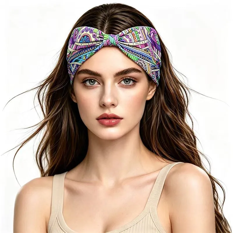 Women's Ethnic Print Sports Headband Wide Twist Elastic Yoga Hair Band Geometric Printed Sweatband Headwrap Accessories