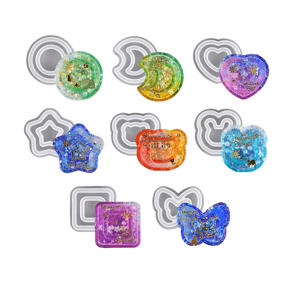 DIY Quicksand Silicone Mold For Epoxy Resin Moon Heart Star Geometric Shape Double Layer Liquid Resin Mold For Keychain Craft