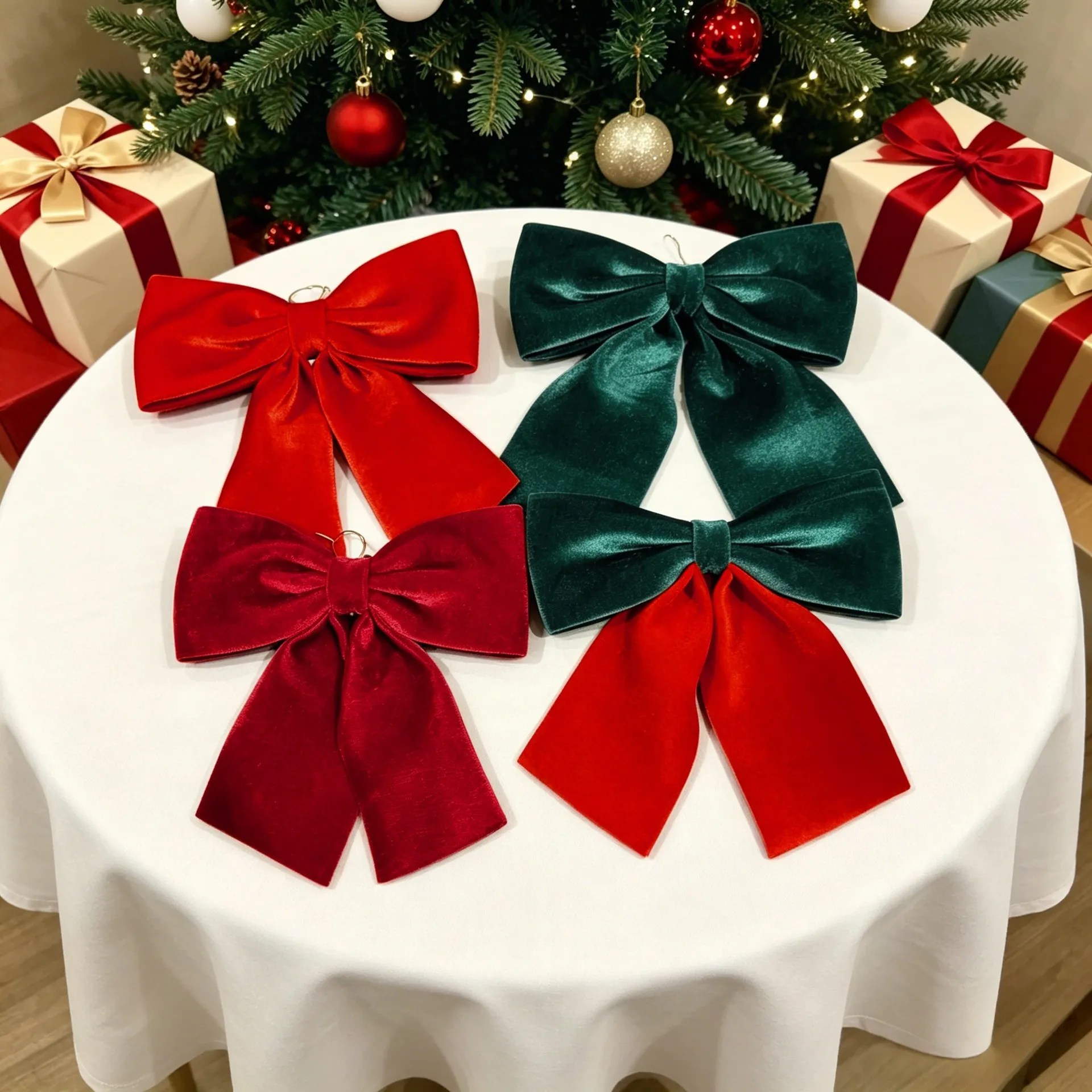 Christmas Velvet Bowknot Hanging Ornament With Long Streamer Festive Xmas Tree Gift Box Floral Decor Handmade Velvet Bows