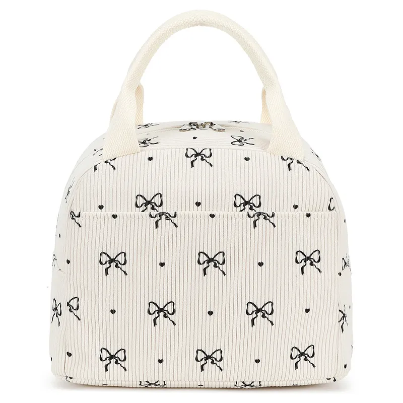Sac à Déjeuner Isolé en Velours Côtelé Grande Capacité Imprimé Portable Sac Bento Avec Doublure en Aluminium Pour Bureau Pique-nique