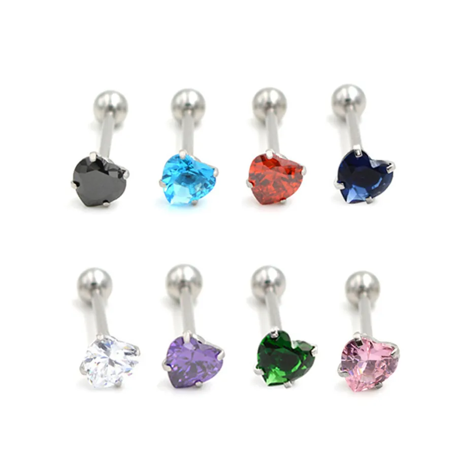 Heart-Shaped Zirconia Stainless Steel Tongue Ring Body Piercing Barbell Stud For Women Men Hypoallergenic Punk Jewelry
