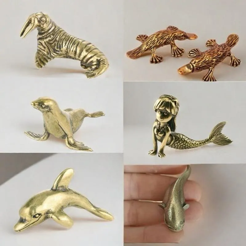 Vintage Antique Bronze Finished Alloy Sea Animal Mini Figurines Walrus Sea Lion Dolphin Mermaid Statues Desktop Home Decor
