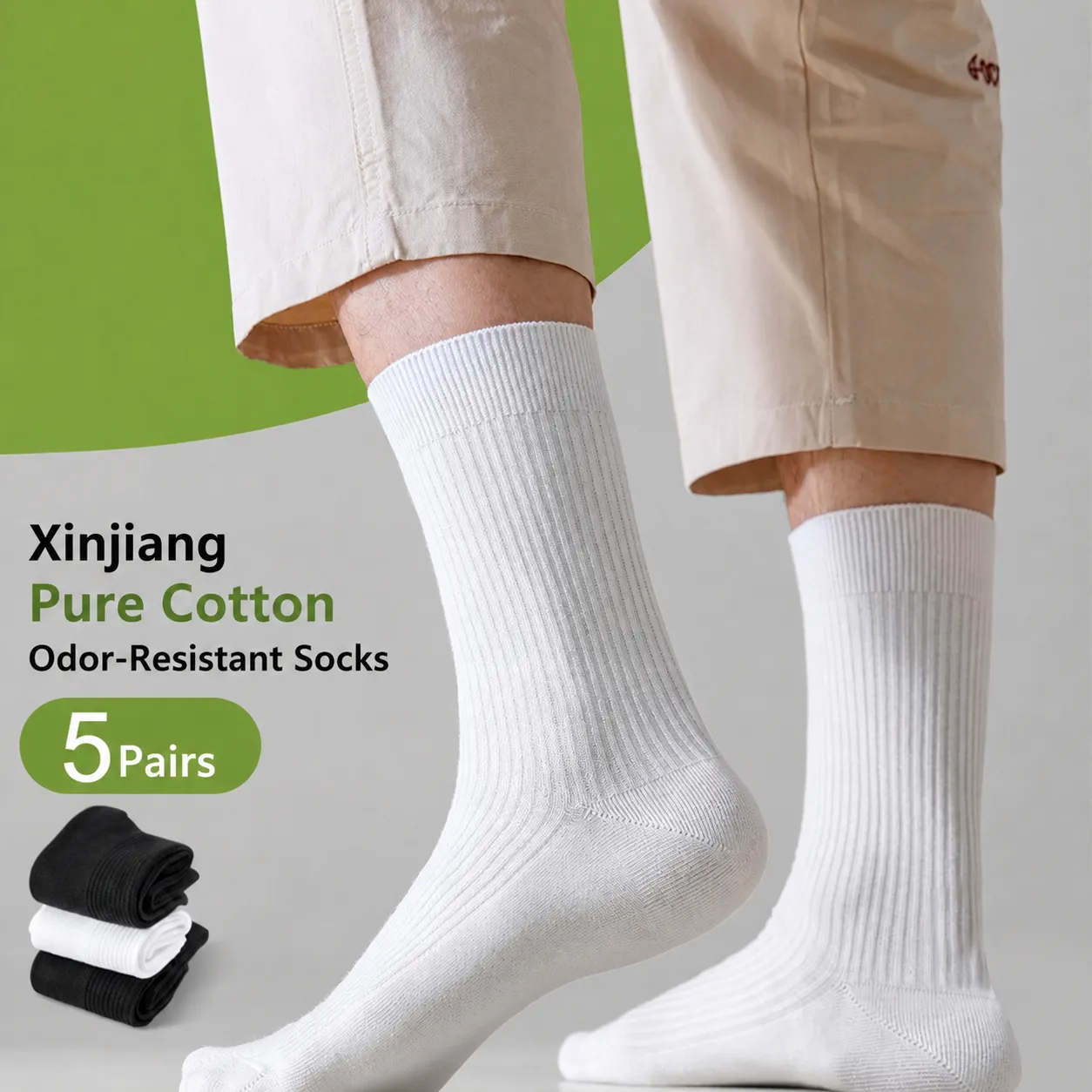 Men's Pure Cotton Ribbed Crew Socks Breathable Sweat Absorbent Casual Sports Double Needle Mid Tube Socks For Men All Seasons