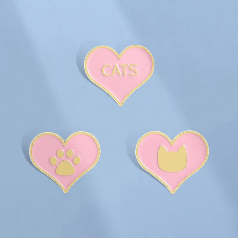 Minimalistische Herzform Legierung Brosche Pin Personalisiert Emaille Rosa Gold CATS Buchstabe Katzenpfote Katzenkopf Cartoon Schmuck Abzeichen