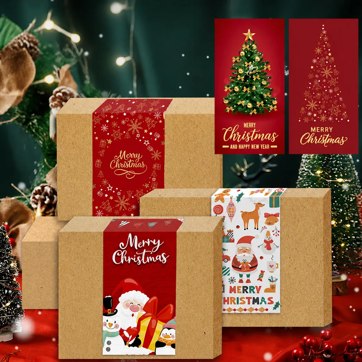 Merry Christmas Stickers Rectangular Art Paper Adhesive Sealing Labels For Gift Box Packaging Decoration Santa Snowman Pattern Holiday Decor