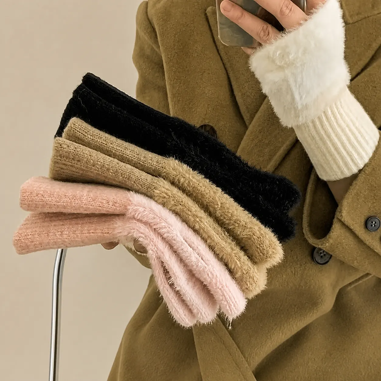 Dames Gebreide Vingerloze Handschoenen Winter Kunstbont Patchwork Warme Halve Vinger Handschoenen Zachte Effen Kleur Wantjes Mode Accessoire
