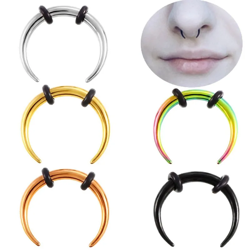 Stainless Steel C-Shape Nose Ring Body Piercing Jewelry Unisex Punk Septum Piercing Hoop With Rubber Fixed Ring For Men Women