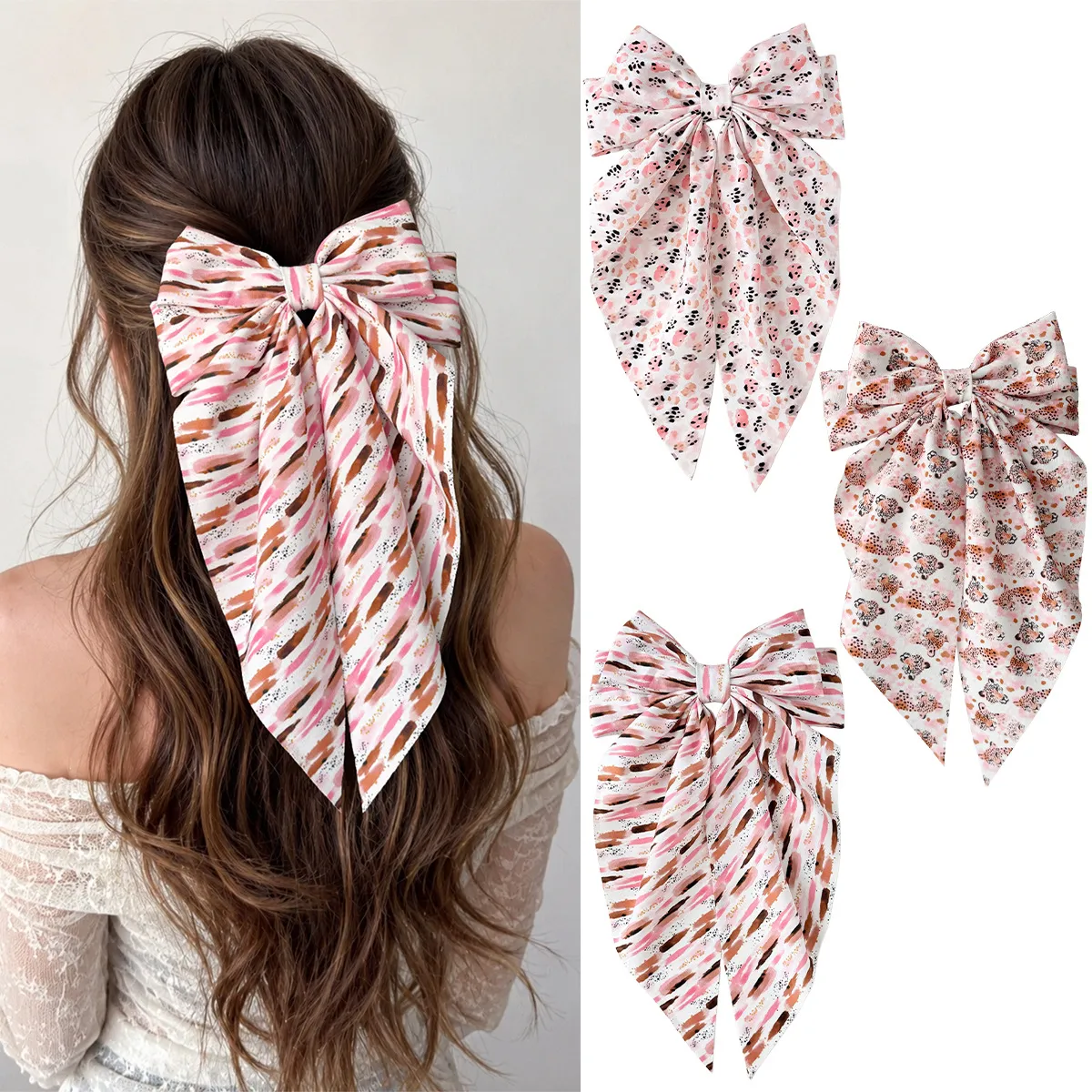 Fermaglio per Capelli a Fiocco Leopardato Rosa Con Lunghi Nastri Dolce Clip a Molla Accessorio per Capelli Donna Ragazze