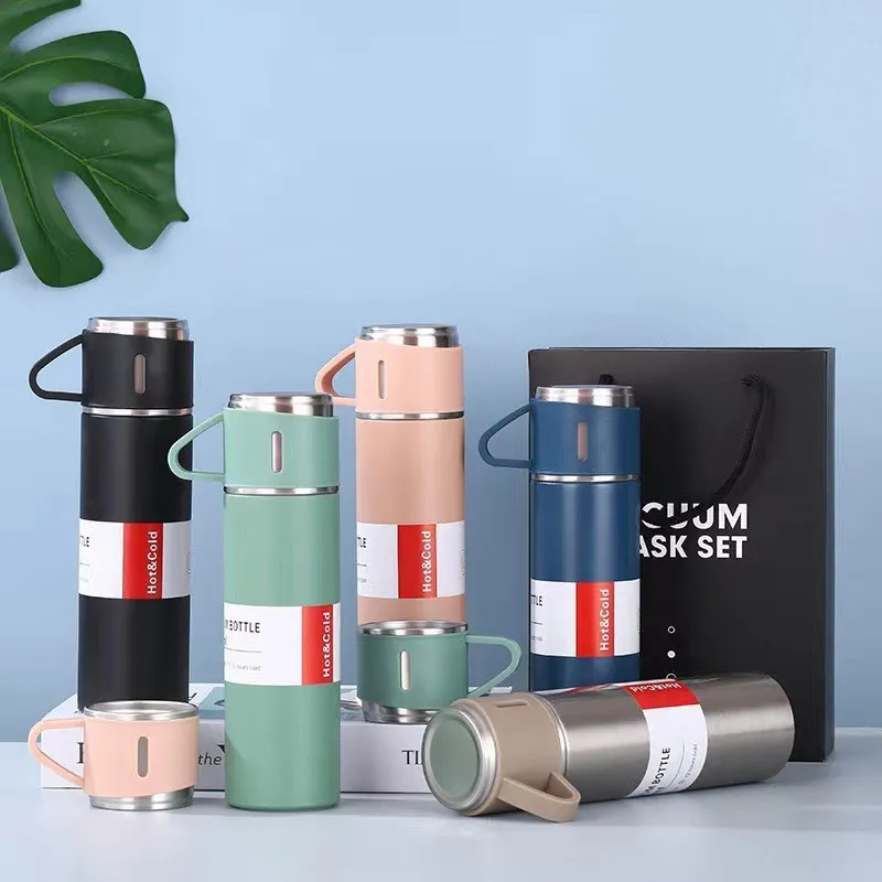Bouteille Isotherme en Acier Inoxydable 304 Avec Tasses Coffret Cadeau Affaires Gourde Étanche Thermos pour Homme Femme Bureau