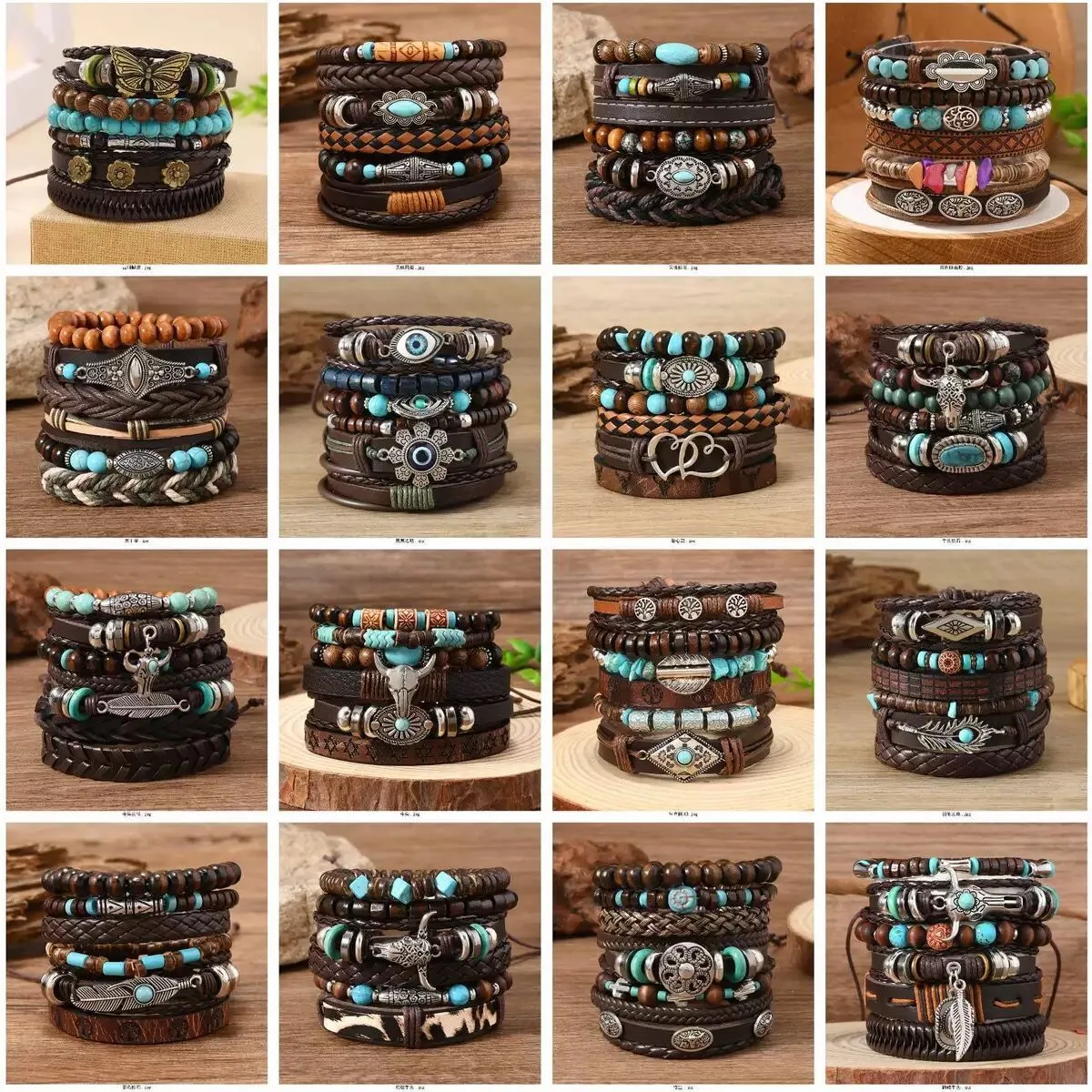 Conjunto de Pulsera Trenzada Multicapa de Cuero y Cuentas de Madera Estilo Étnico Bohemio Vintage con Amuletos de Cabeza de Toro y Turquesa Joyería para Mujer Hombre