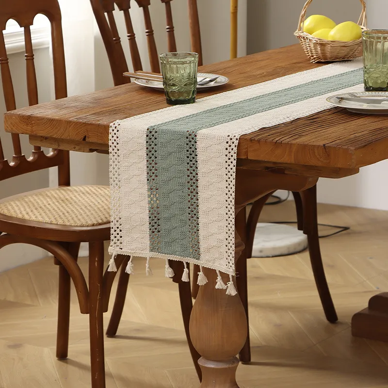 Boho Gestreifter Gewebter Tischläufer Mit Quasten Polyester Leinen Patchwork Tischdecke Für Esszimmer Fernseher Schrank Deko