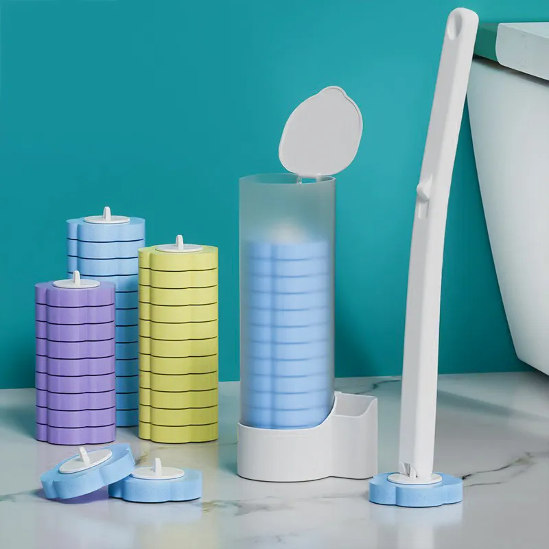 Disposable Toilet Brush Set With Wall Mounted Holder Long Handle Bathroom Cleaning Wand Sponges Replacement Heads With Cleaning Fluid