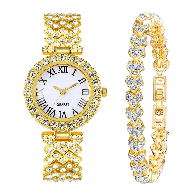 Montre à Quartz pour Femmes Mode Strass Cadran Chiffres Romains Bracelet en Acier Inoxydable Bijoux Montre Élégante Avec Bracelet