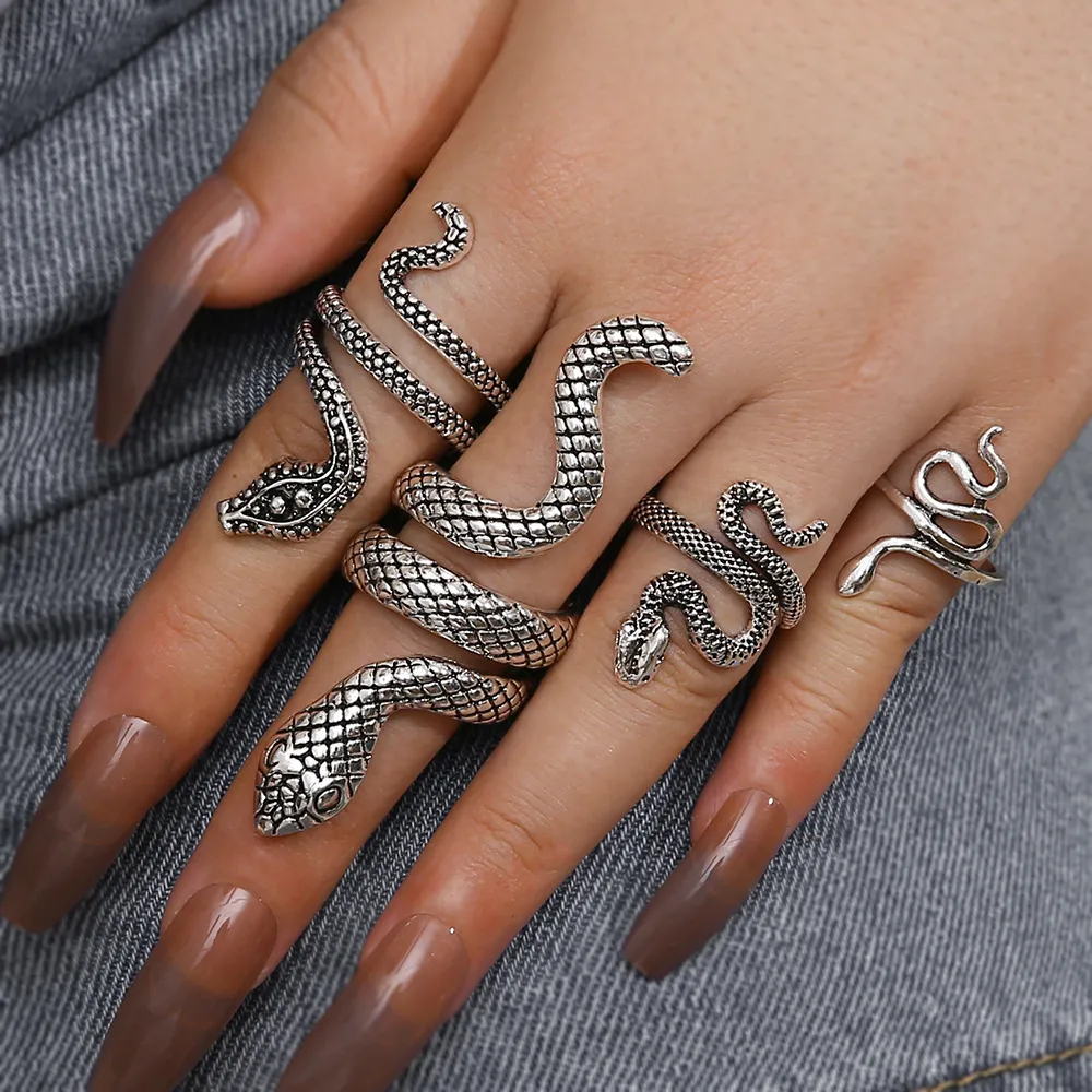 Retro Punk Schlange Tier Ring Vierteiliges Set Für Damen Herren Legierung Antik Gold Silber Schlange Wickelring Mode Fingerschmuck Geschenk