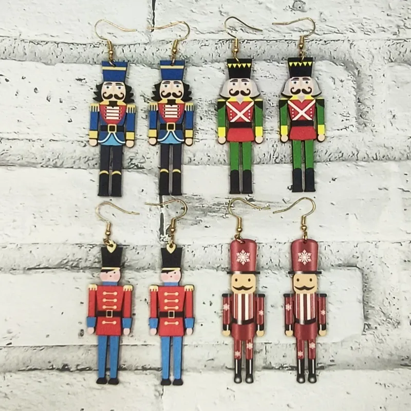 Boucles d'Oreilles Pendantes Soldat Casse-Noisette en Bois Noël pour Femme Bijoux de Fête Noël
