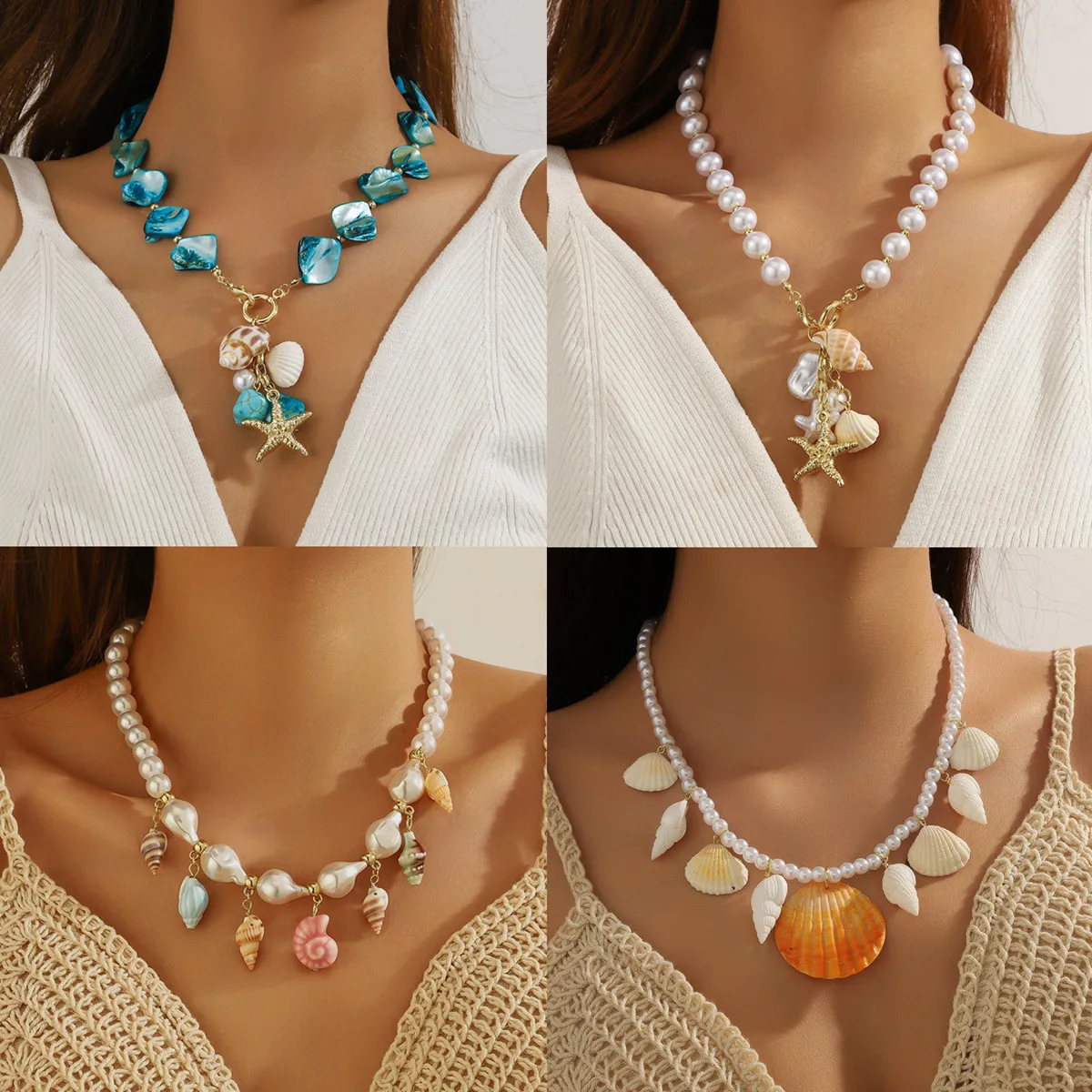 Collana con Ciondolo a Forma di Stella Marina in Conchiglia di Perle Artificiali Orizzonte Estivo Gioielli Charms per Donna Festa Vacanza
