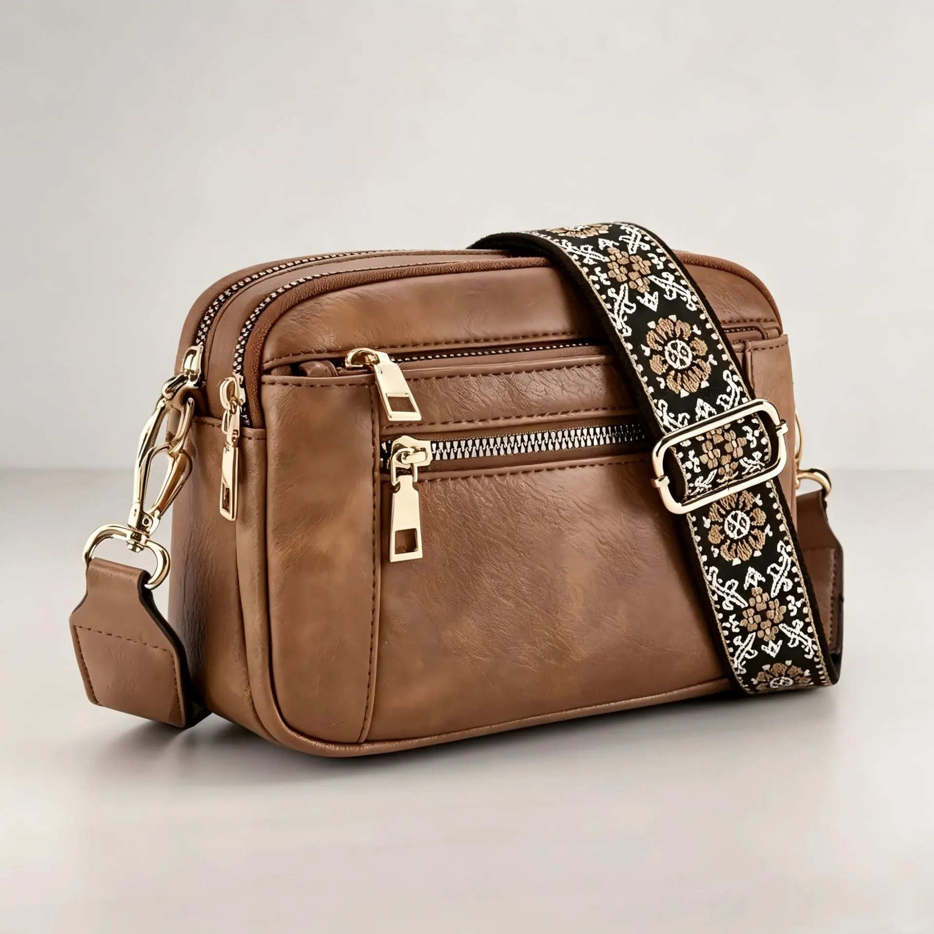 Women Fashion PU Leather Crossbody Bag Multifunctional Small Square Shoulder Bag Casual Multi-layer Zipper Bag With Wide Strap
