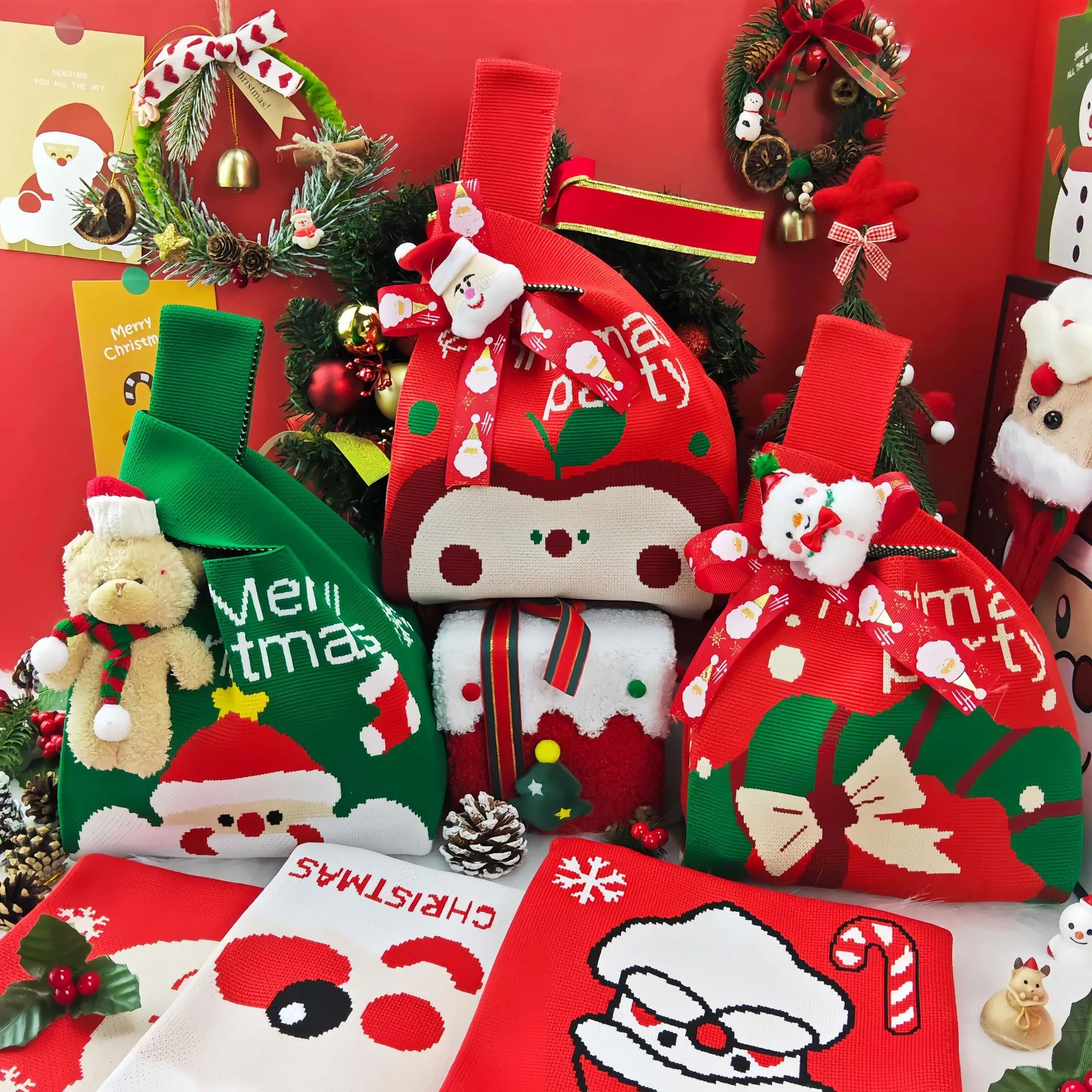Christmas Knitted Gift Bag Handbag Santa Claus Snowman Reindeer Pattern Festive Candy Bag Party Favor For Kids Polyester Tote