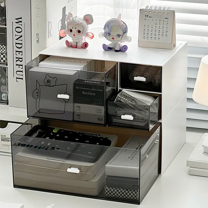 Acrylic Desktop Drawer Storage Box Transparent Dustproof Stationery Organizer Office Desk Cosmetic Storage Cabinet Simple Modern Stackable Storage Bin