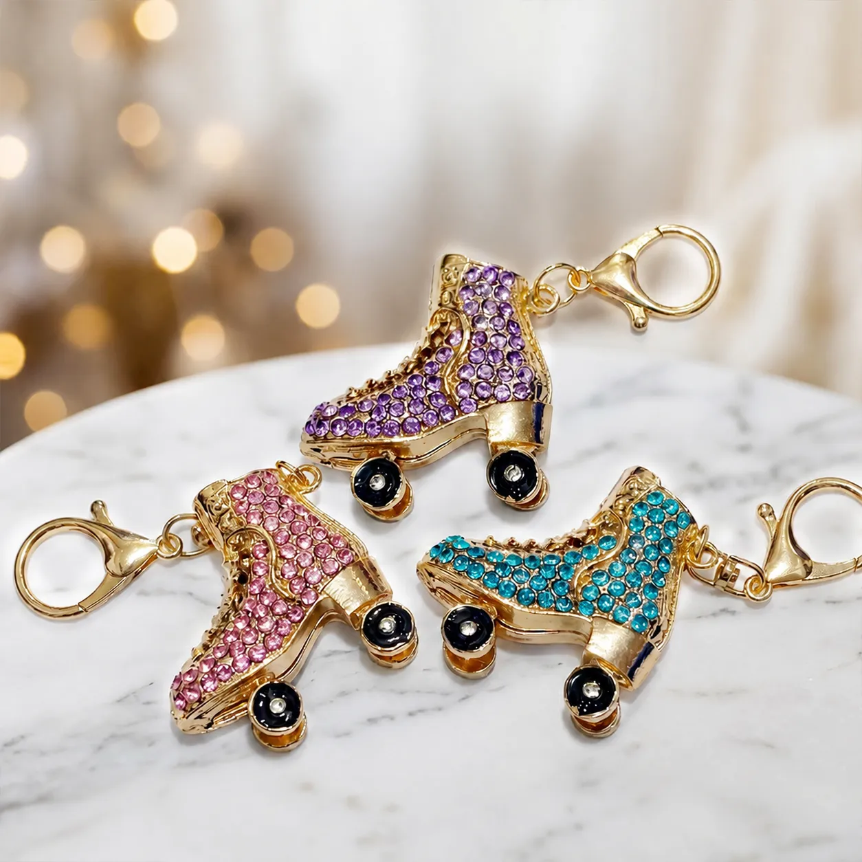 Fashion Rhinestone Roller Skate Keychain Metal 3D Double Sided Sliding Wheels Car Key Ring Bag Pendant Accessory Gift For Women