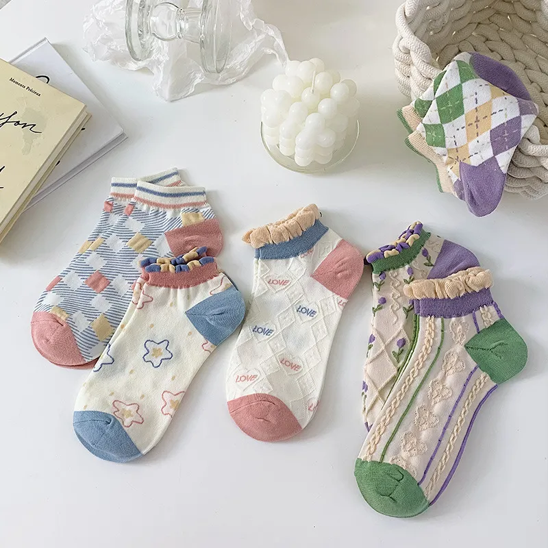 Women's Japanese Style Sweet Lace Cotton Socks Floral Gingham Rhombus Pattern Low Cut Boat Socks Comfortable Breathable Casual School Short Socks