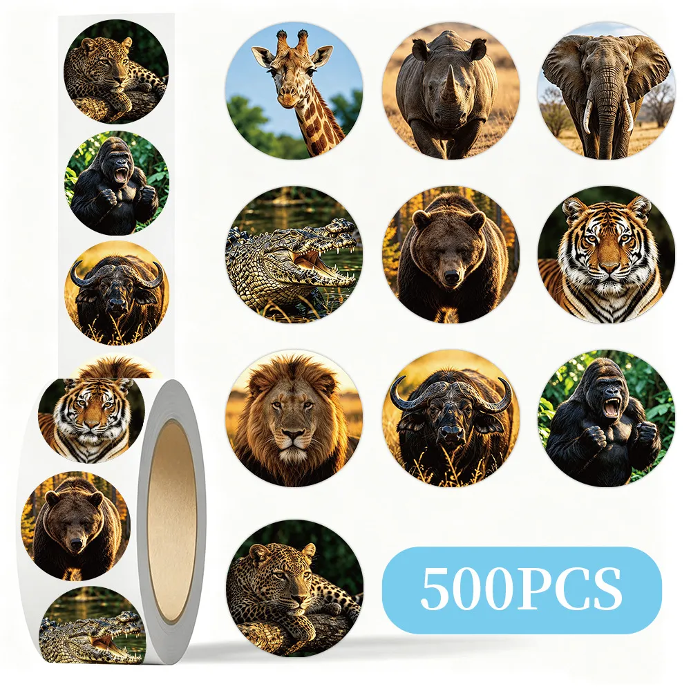 Realistic Animal Stickers Roll 500 Pcs Per Roll Wildlife Sea Animals Round Adhesive Label For Kids Stationery Gift DIY Decor