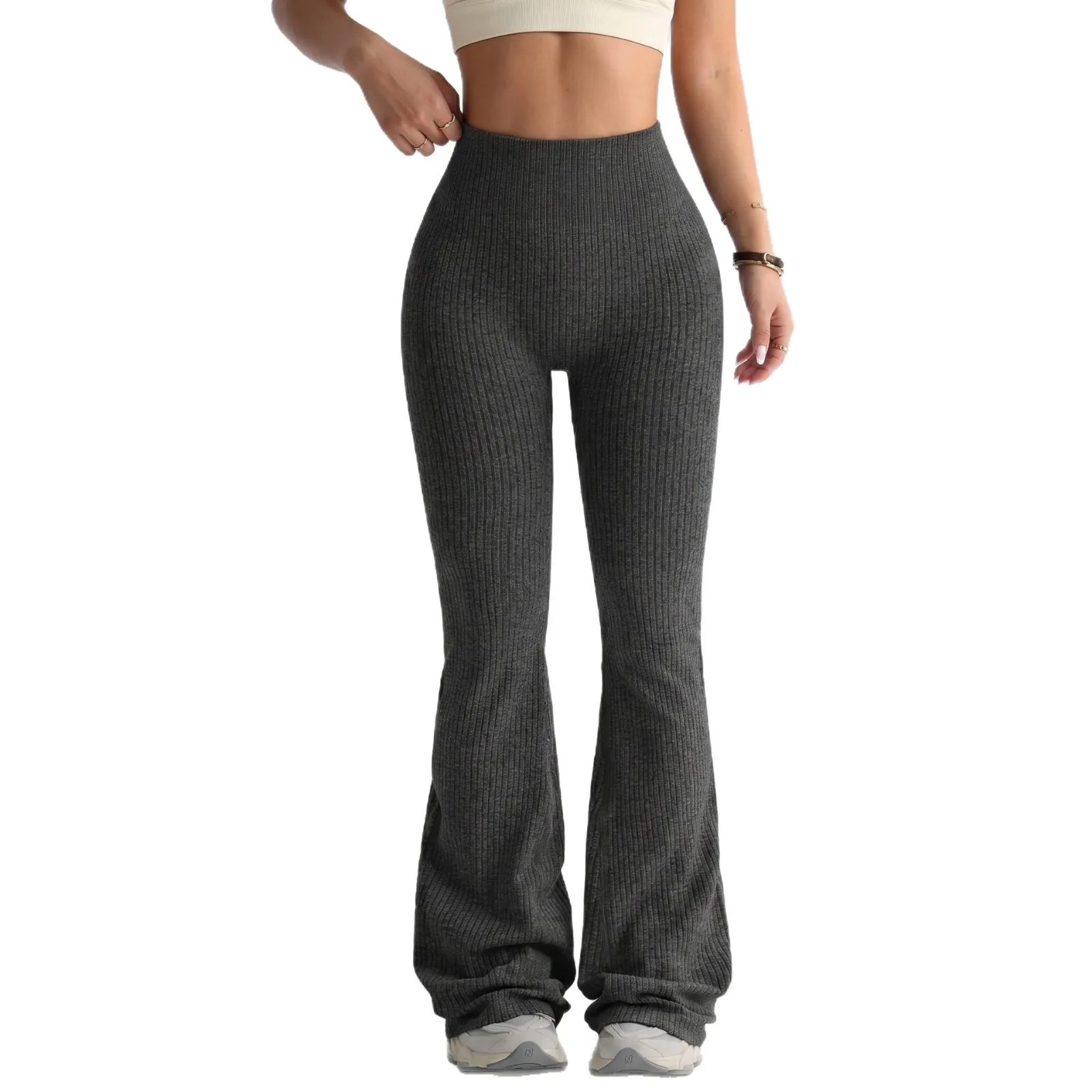 Women High Waist Flare Yoga Pants Ribbed Knit Tummy Control Bootcut Leggings Butt Lifting Gym Fitness Workout Active Bottoms Nylon Spandex Ribbed Texture Trousers