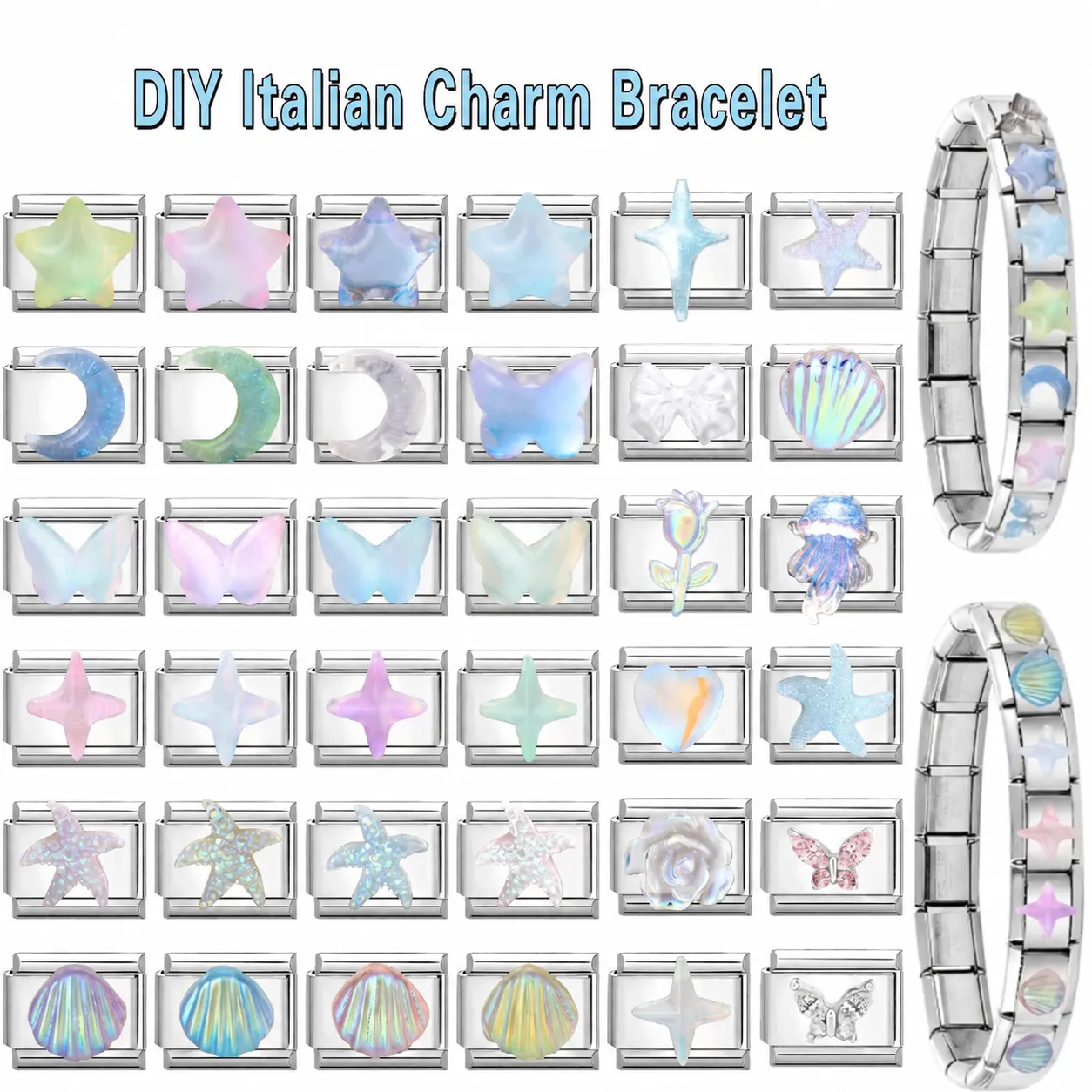 Titanium Steel Italian Charm Bracelet Links Ocean Series Starfish Shell Butterfly Star Moon DIY Jewelry Accessories For Women