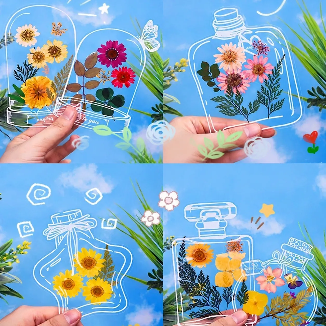 DIY Transparente Trockenblumen Lesezeichen Materialien PET Kunststoff Aufkleber Flaschenform Pflanzenproben Für Scrapbooking Basteln Schüler Handarbeit