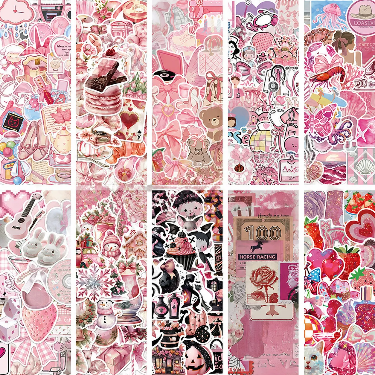50 Pièces Rose Dessin Animé Esthétique Autocollants Pour Ordinateur Portable Téléphone Bouteille d'Eau Étanche PVC Mignon DIY Ensemble d'Autocollants Décoratifs Pour Scrapbooking