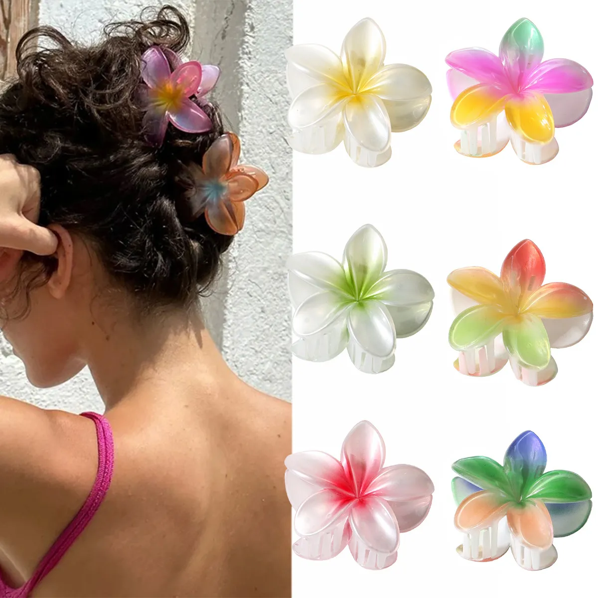 Pince à Cheveux Fleur de Plumeria Tropicale en Plastique Dégradé Mat Laqué Pince à Requin Style Hawaïen Accessoires de Cheveux pour Femmes Cadeau de Vacances à la Plage
