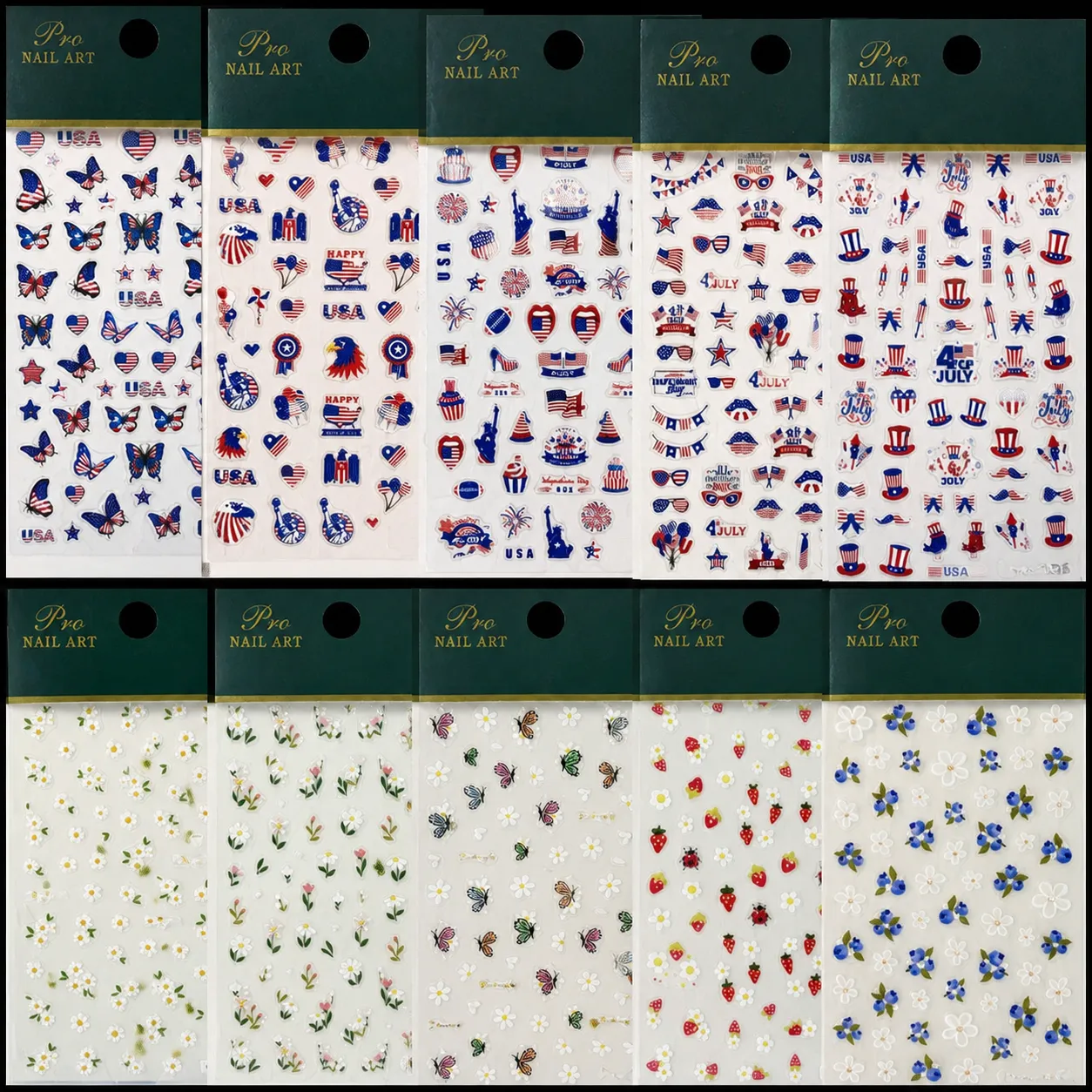 Pegatinas para Uñas en Relieve 3D de Encaje Blanco Mariposa Corazón Romántico Primavera Floral Arándano Bandera USA Calcomanías de Manicura Autoadhesivas