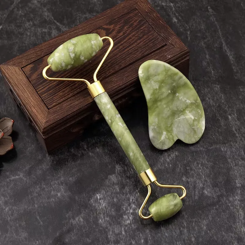 Naturjade Gesichtsroller Und Gua Sha Brett Gesichtsmassagegerät Hautstraffung Anti Aging Hals Massagewerkzeug Beauty Therapie