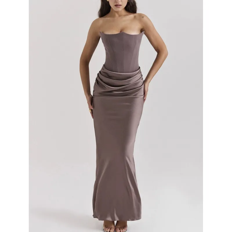 Women Strapless Backless Slim Fit Evening Gown Elegant Satin Draped Mermaid Maxi Dress For Wedding Party Formal Dress