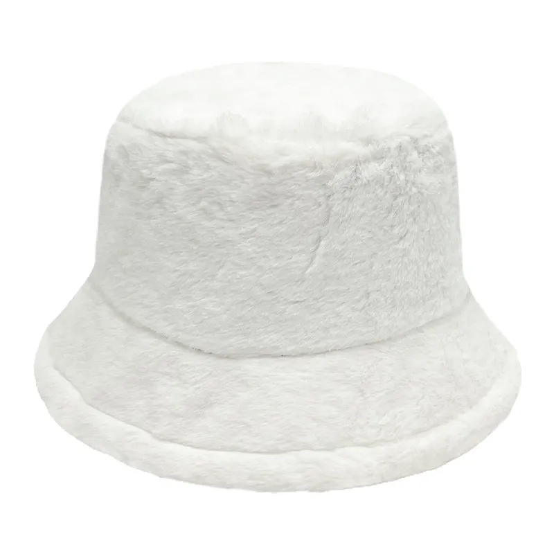 Women Winter Warm Faux Fur Bucket Hat Korean Style Thickened Windproof Solid Color Round Top Short Brim Plush Basin Hat For Daily Outdoor