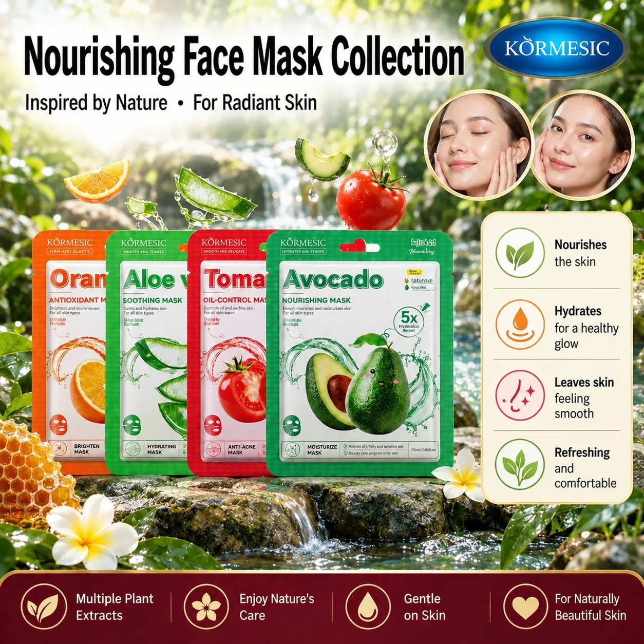 Kormesic Facial Sheet Mask For Women Men Natural Plant Extract Hydrating Soothing Oil Control Antioxidant Skincare Mask