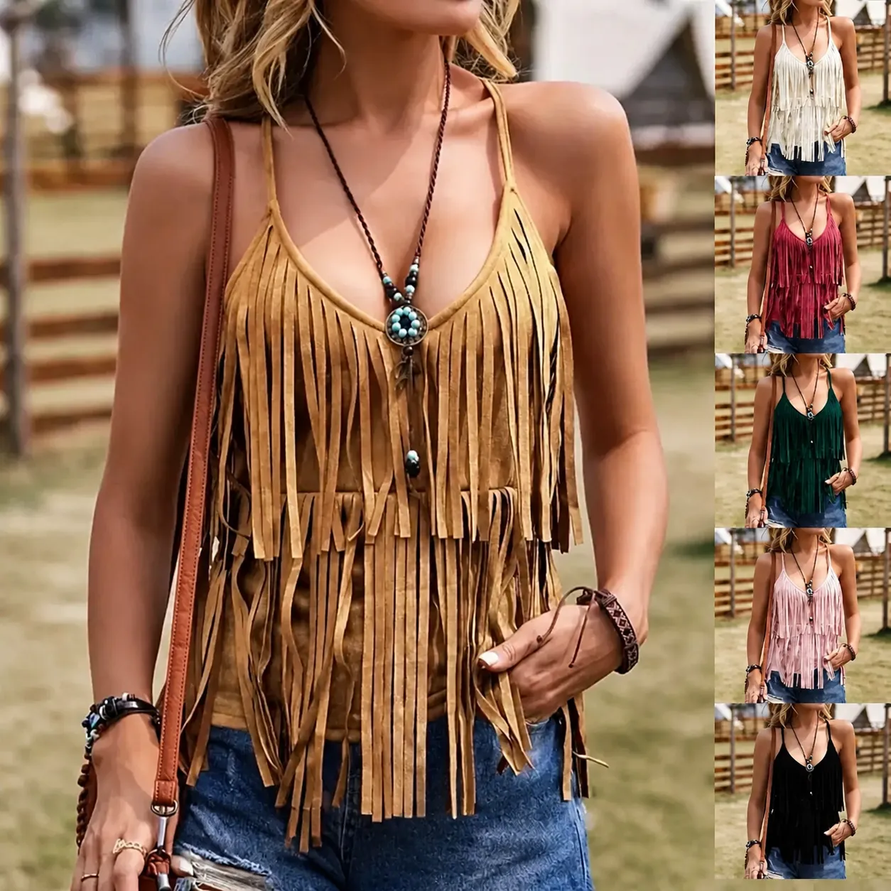 Canotta Sexy Donna Stile Western con Frange in Pelle Scamosciata Spalline Sottili Scollo a V Boho Tinta Unita Slim Fit