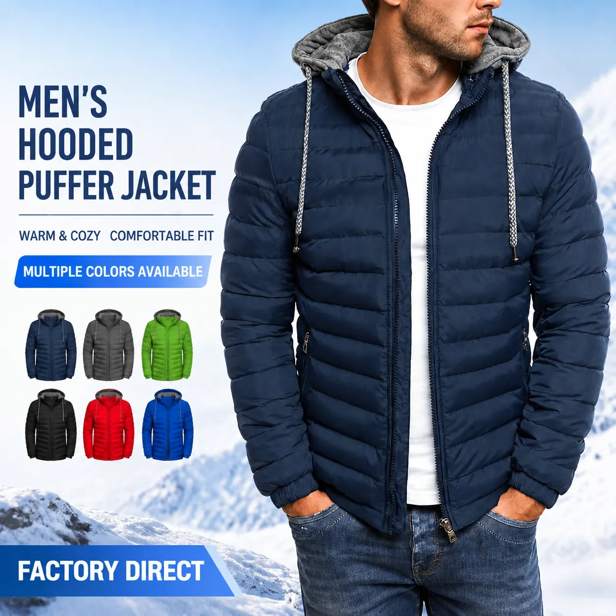 Men's Casual Hooded Puffer Jacket Lightweight Quilted Zipper Coat Winter Warm Outerwear Top