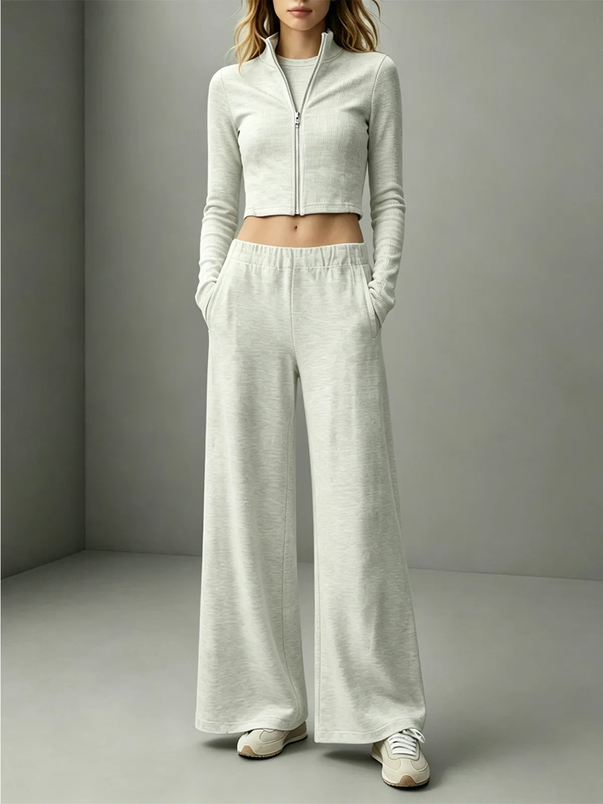 Ensemble de Sport Décontracté 3 Pièces pour Femmes Veste Zippée Débardeur Cropped Pantalon Large Taille Haute Survêtement en Tricot pour Gym