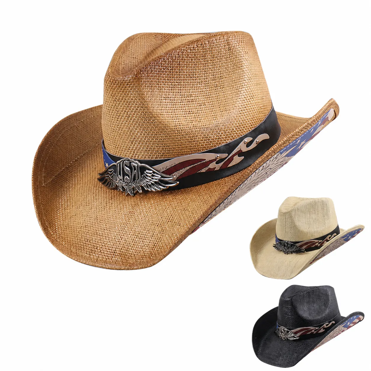 Western Cowboy Straw Hat For Men Women Outdoor UV Protection Wide Brim Sun Hat Knight Jazz Hat With Stars Guitar Skull Pattern