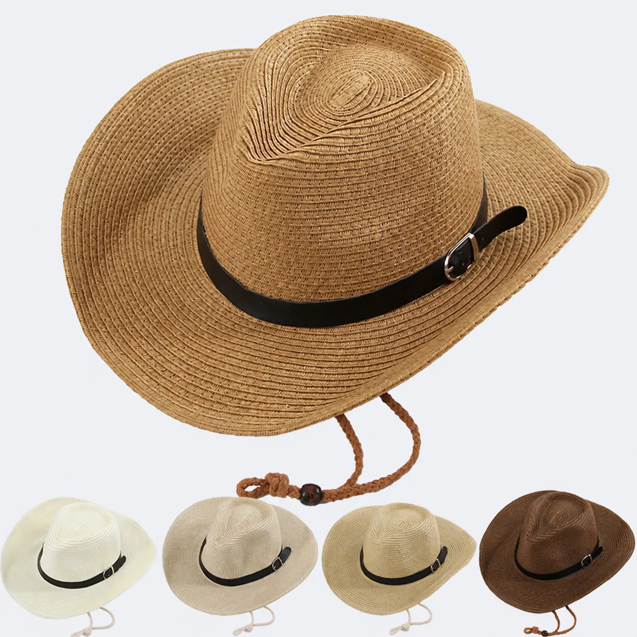 Chapeau de Cowboy de l'Ouest pour Hommes Femmes Chapeau de Soleil en Paille Large Bord Fedora Plage Été Avec Ceinture