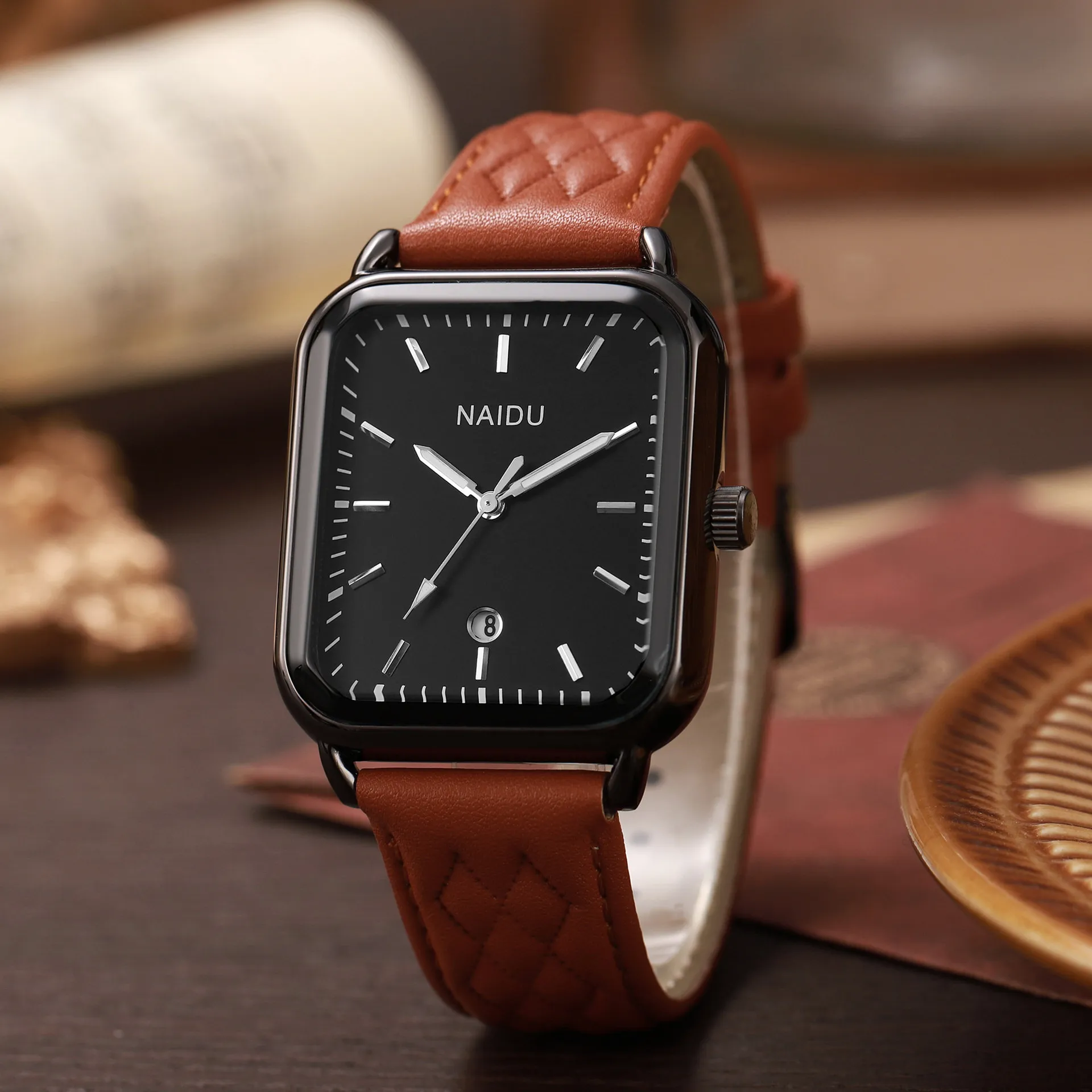 Elegant Women Square Quartz Watch With Quilted PU Leather Strap Date Calendar Alloy Case Fashion Casual Office Wristwatch