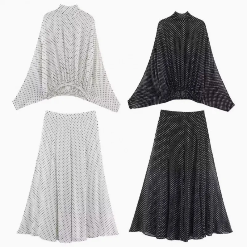 Women Polka Dot Two Piece Outfit Elegant Batwing Sleeve Blouse And High Waist Maxi Skirt Top And Bottom Fashion Casual Wear