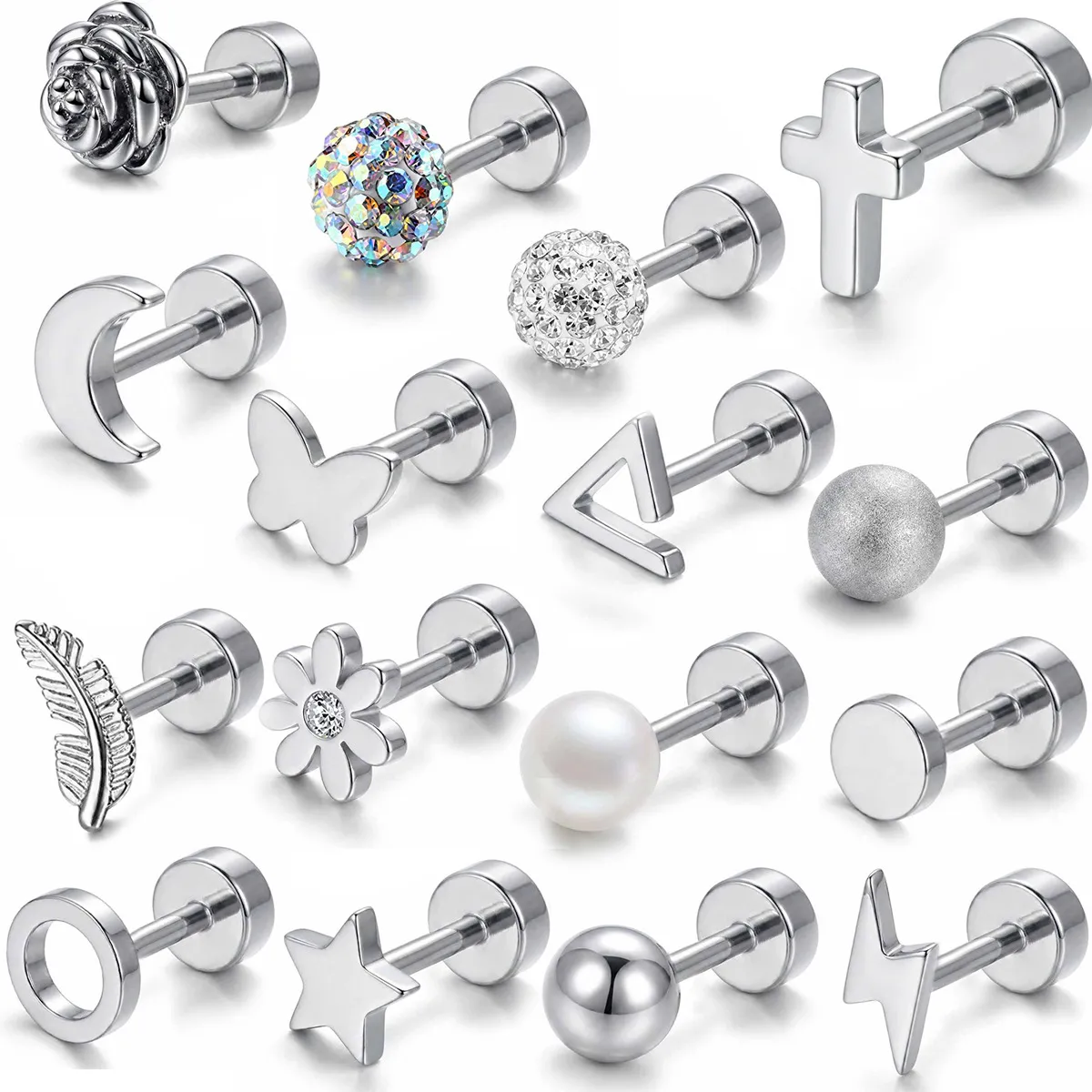 Polished Stainless Steel Cartilage Piercing Stud Earrings Moon Star Rose Butterfly Rhinestone Pearl Screw Back Piercing Jewelry For Women Men