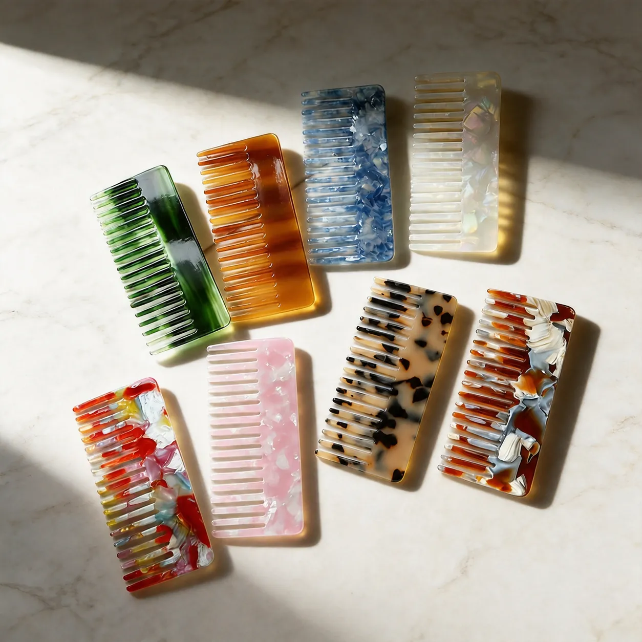 Vintage Geometric Acetate Hair Comb For Women Rectangular Wide Tooth Detangling Comb Portable Marble Pattern Styling Tool